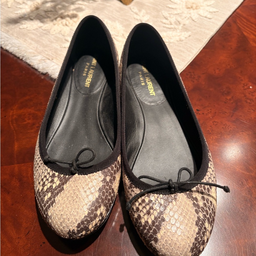 Saint Laurent Brown & Beige Snake-Print Leather Ballet Flats
